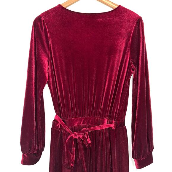 Two Birds New York Red Velvet Long Sleeve Wrap Maxi Dress Size Medium - Picture 8 of 13